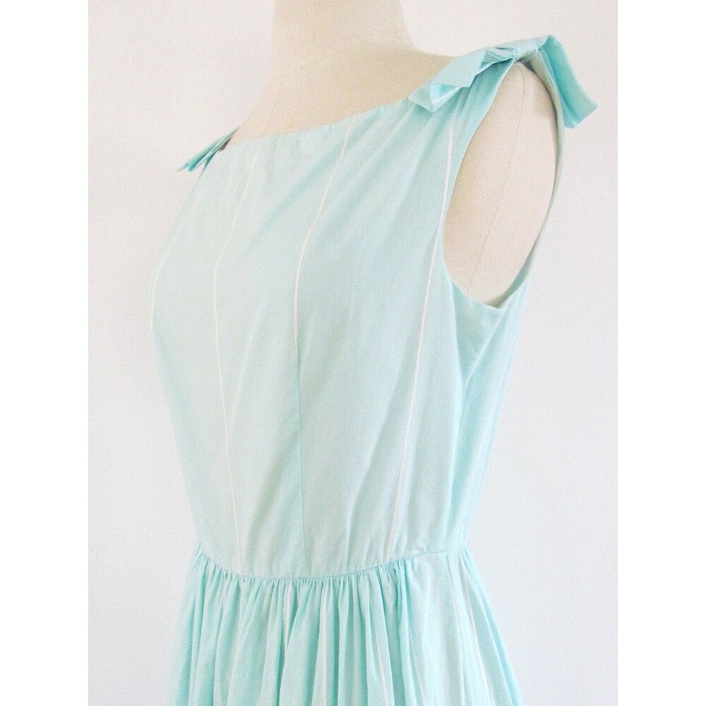 Vintage Bow Accent Dress Pastel Green White Stripe Pleated Flare S/M Cotton